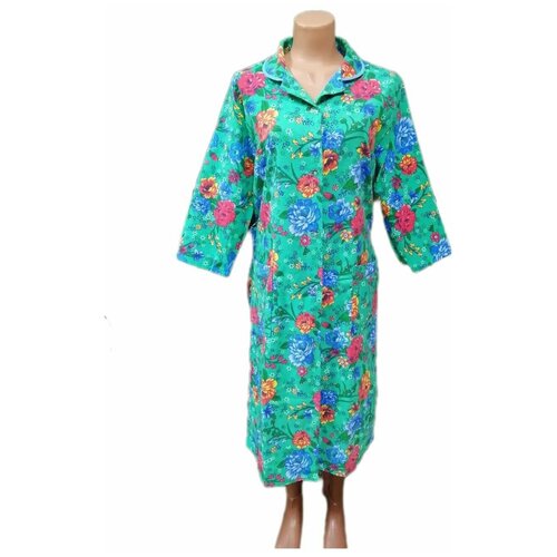 Халат МИРАСЛАВА средней длины, на завязках, длинный рукав, карманы, пояс, утепленная, размер 60, зеленый