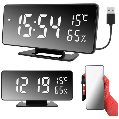 Часы электронные настольные с будильником, термометром и гигрометром (ПРМРТ-103153) белая подсветка