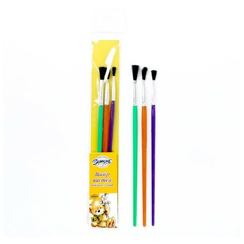 Набор кистей нейлон, 3 штуки, плоские, с пластиковыми, цветными ручками
