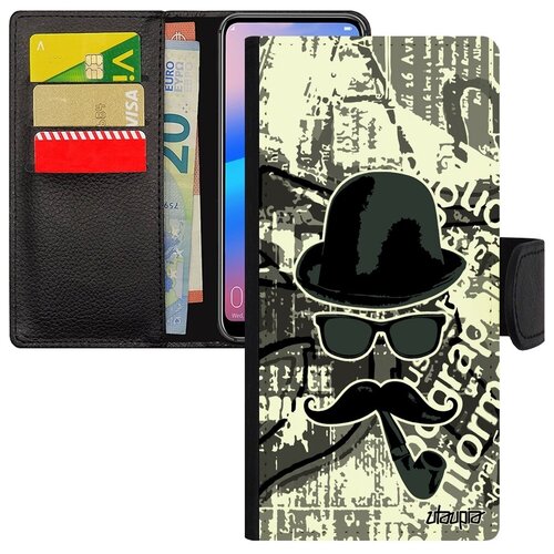 фото Красивый чехол книжка на смартфон // galaxy a12 // "мистер усы" гламур шляпа, utaupia, серый