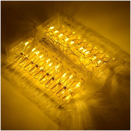 Электрическая гирлянда светодиодная Apeyron Прищепка 15-60, длина 4 метра, 20 ламп, желтое, свечение. 1 режим, прозрачный шнур, степень защиты IP20.