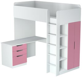 Кровать-чердак POLINI KIDS SIMPLE С письменным столом И шкафом, белый-роза