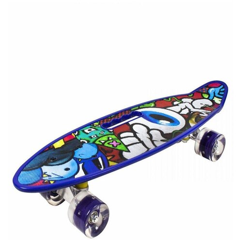 Пенни Борд с ручкой/ Скейт пенни борд пластиковый с ручкой / Круизер с ручкой / дека 58 на 16 см темно синий с рисунком