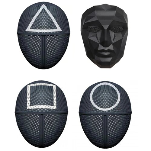 фото Набор: 4 маски из сериала игра в кальмара: маски охранников (треугольник, квадрат, круг), маска распорядителя - универсальный размер - (маски из игры в кальмара) нет бренда