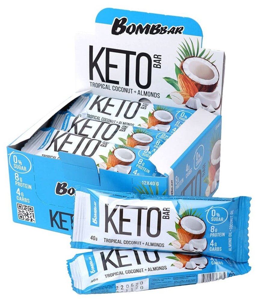 Bombbar, Батончик Keto Bar, упаковка 12шт x 40г (Миндальная нуга и ваниль)