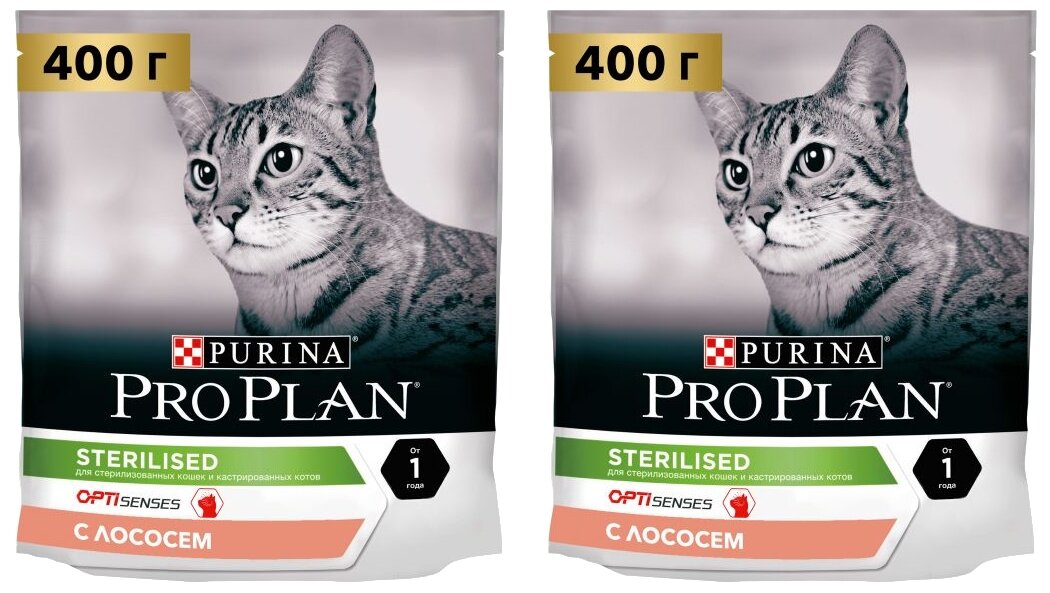 Purina Pro Plan Сухой корм для Кастрированных кошек поддержание органов чувств лосось (Optisenses Sterilised) 12372567 0,4 кг 33983 (2 шт)