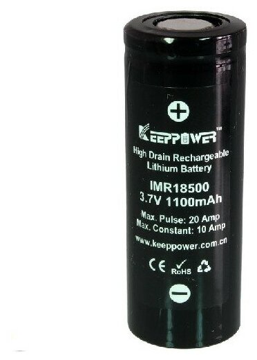 Аккумулятор высокомощный Li-Ion незащищенный 18500 KeepPower IMR18500 1100мАч 37В 20A