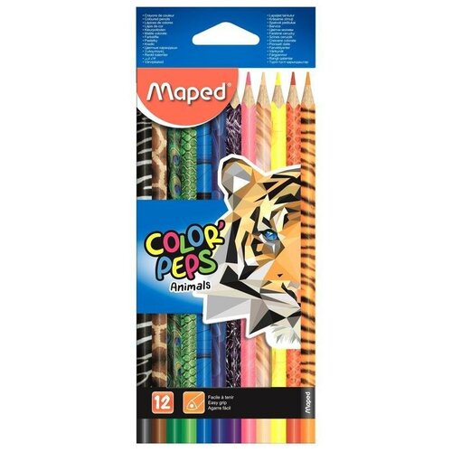 Карандаши цветные 12 цветов Maped Color'Peps Animals (L=175мм, D=7мм, d=3мм, 3гр) картонная упаковка (832212), 12 уп.