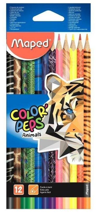 Карандаши цветные 12 цветов Maped Color'Peps Animals (L=175мм, D=7мм, d=3мм, 3гр) картонная упаковка (832212), 12 уп.