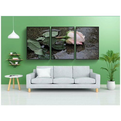 фото Набор модулных постеров для интерьера "розовые розы в дождь, серый мрамор, символ любви" 60x90 см. в тубусе, без рамки lotsprints