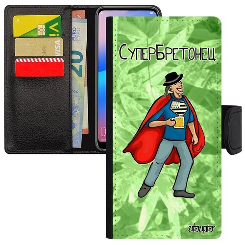 фото Противоударный чехол-книжка на смартфон // galaxy a10 // "супербретонец" рисунок супергерой, utaupia, светло-зеленый