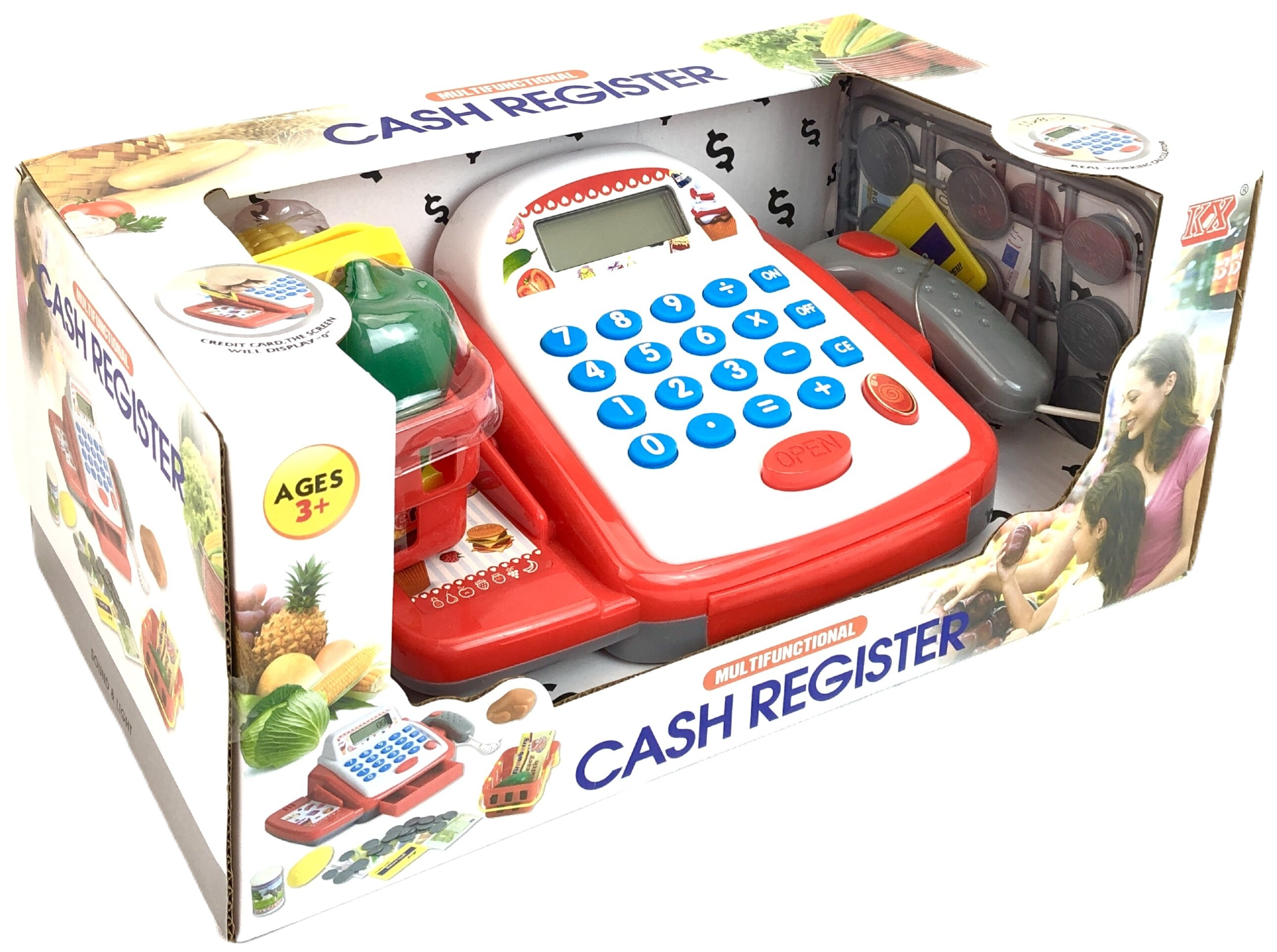 Игровой набор "Кассовый аппарат со сканером", корзинка с продуктами, монеты, купюры, пластиковые карты, открывается денежный ящик, калькулятор, звуки 6300A, 24х14,5х10 см