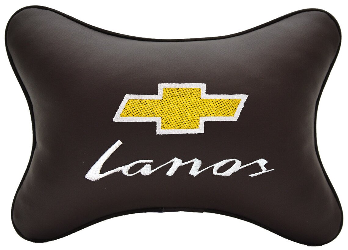 Автомобильная подушка на подголовник экокожа Coffee с логотипом автомобиля CHEVROLET Lanos