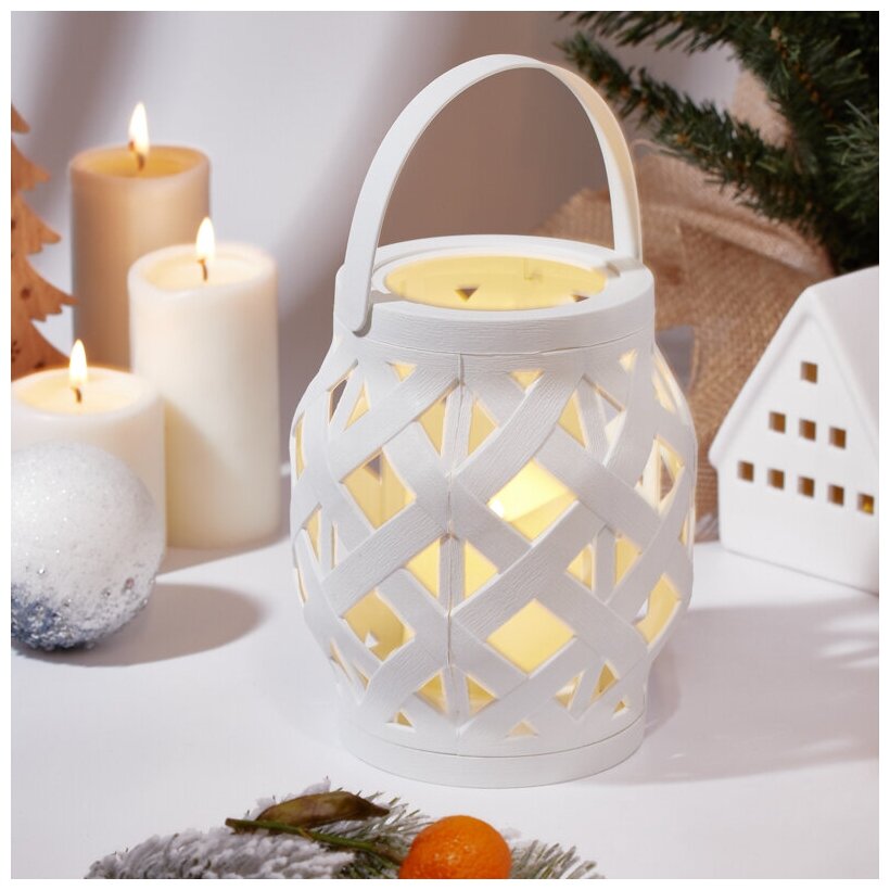 Декоративный фонарь со свечкой плетеный корпус белый размер 14х14х165 см цвет теплый белый