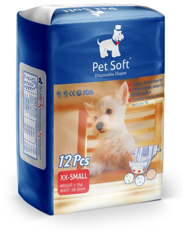 Подгузник PET SOFT DIAPER XXS, 3 цвета, для собак, вес 1-3 кг, талия 18-30 см, 12 шт