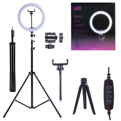 Светодиодная кольцевая лампа 26 см со штативом высотой до 210 см и держателем для телефона для профессиональной съемки 129900₽