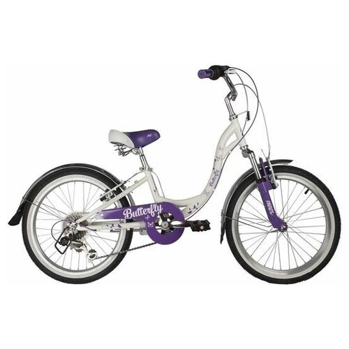 Детский велосипед NOVATRACK 20 BUTTERFLY сталь, белый-фиолет., 6-скор, TY21/RS35/SG-6SI, V-brake, багажник
