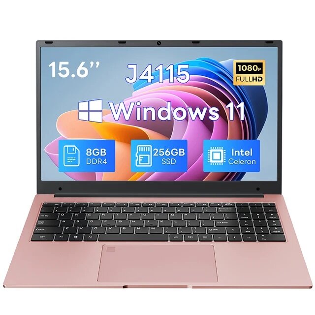 Ультратонкий ноутбук 15,6 дюймов Intel Celeron J4115 (до 2,5 ГГц) IPS 8 Гб DDR4 ОЗУ 256 ГБ SSD, Windows 11, розовый