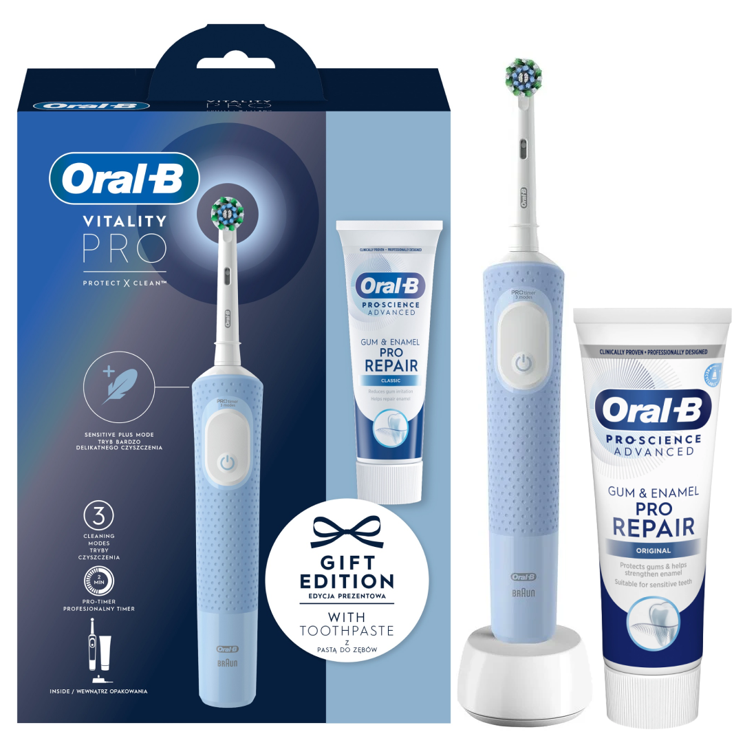 Электрическая зубная щетка Oral-B Vitality Pro Protect X Clean Vapor Blue + зубная паста Gum and Enamel Pro Repair 75ml