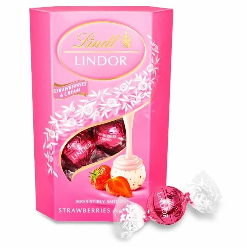 Шоколадные конфеты Lindt Lindor (Линдор) из белого шоколада с клубникой, сливками и нежной тающей начинкой/ White with strawberries, cream 200 гр