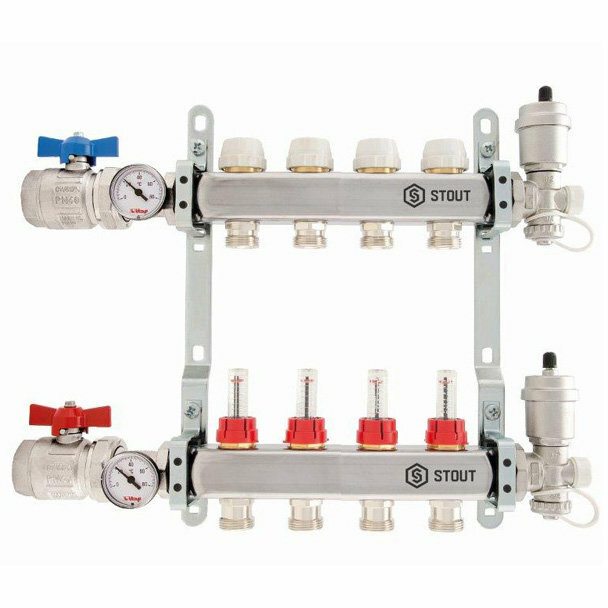 Stout Коллектор из нержавеющей стали в сборе с расходомерами 4 выхода