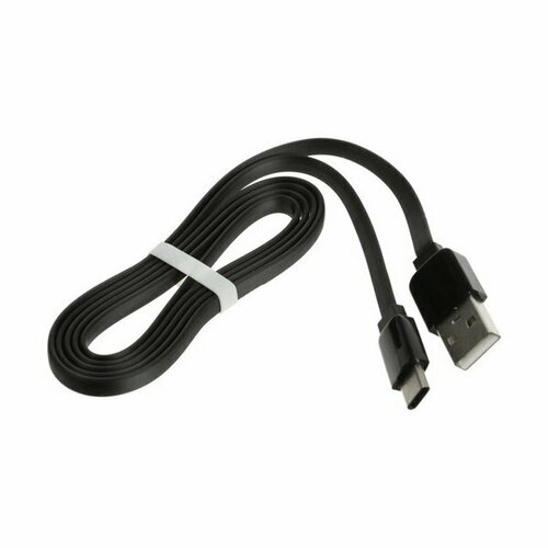 Кабель Type-C - USB, 2.4 А, 1 м, зарядка + передача данных, плоский, пакет, черный