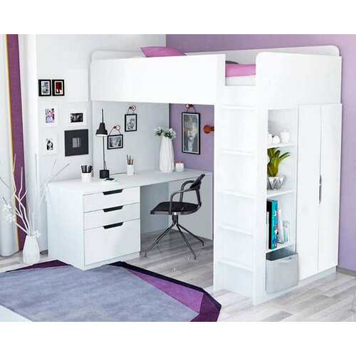 Кровать-чердак Polini Simple с письменным столом и шкафом Белый Белый