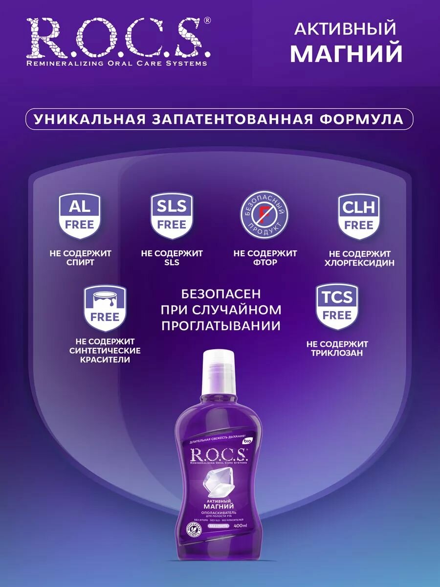 Картинки R.O.C.S. Ополаскиватель для полости рта Активный Магний 2шт по 400 мл