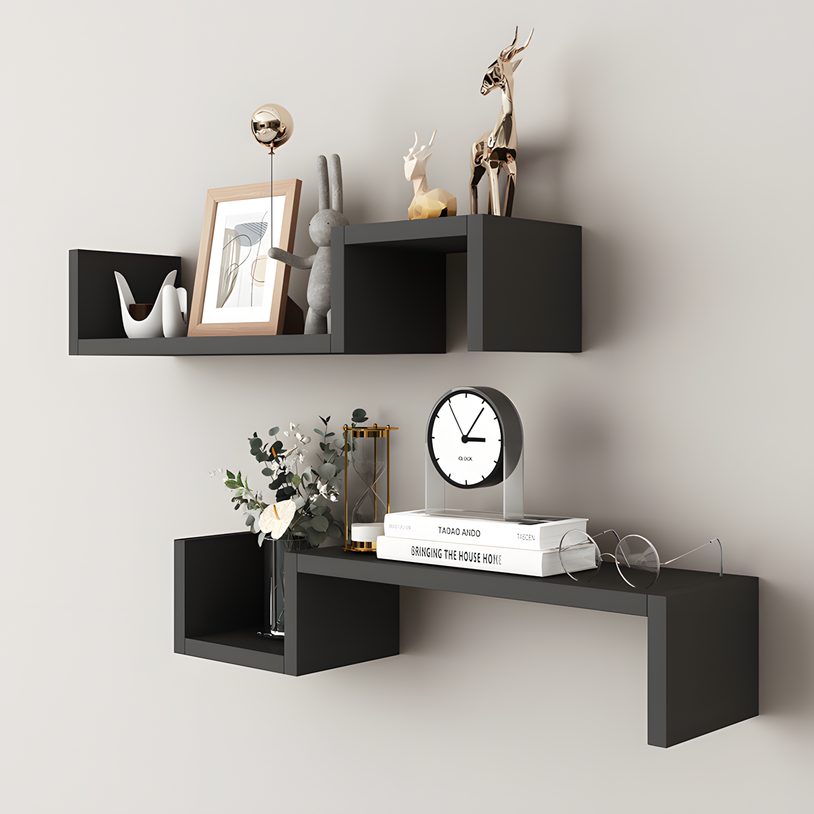 Комплект настенных полок, 2 шт, бамбук, открытая конструкция, 58x10x12 см, черный