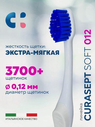 Изображение товара Зубная щетка экстра мягкая CURASEPT Extra Soft 012 для чувствительных зубов и десен + защитный колпачок, белый-синий