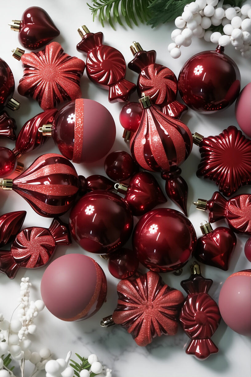 Набор ёлочных шаров и украшений святочный БАЛ, пластик, бордовый, 3-12 см, 32 шт, Winter Deco 2000068
