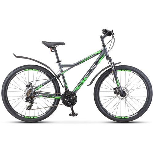 Велосипед Stels Navigator 710 MD 27.5 V020 (2021) 18 антрацитовый/зеленый/черный (требует финальной сборки) горный велосипед женский stels miss 5000 md 26 v020 2021 вишневый розовый