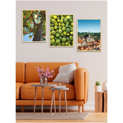 Постеры интерьерные на стену Апельсины, лайм, деревня, 3 шт, 30х40 см