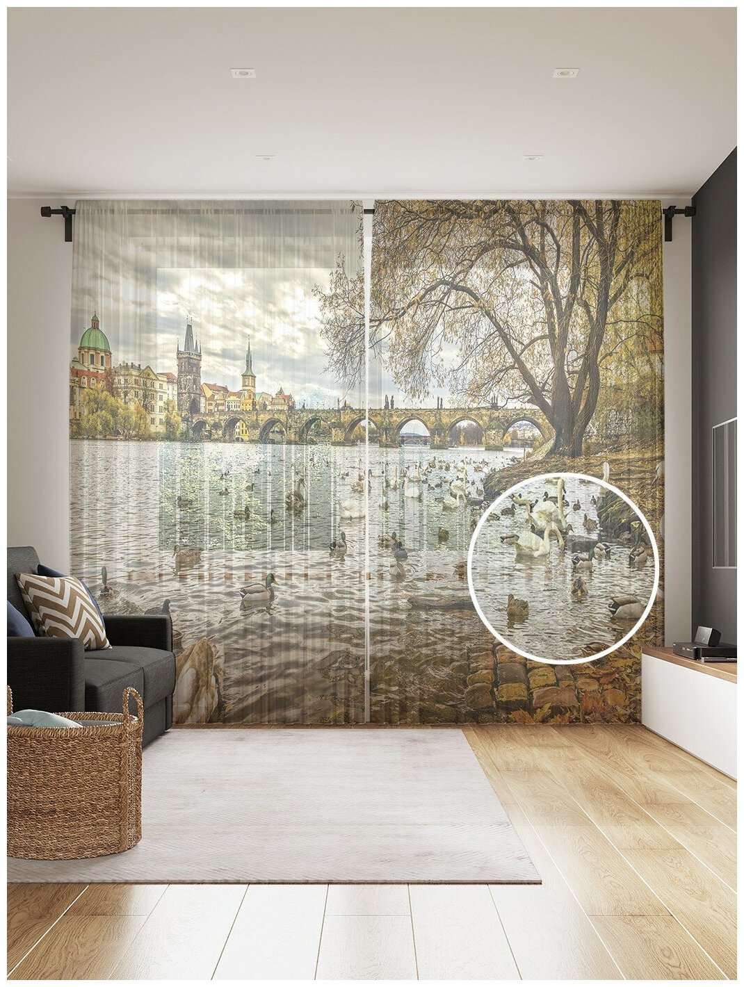 Фототюль JoyArty "Лебединая стая на реке", 145x265см (2 полотна со шторной лентой + 50 крючков)