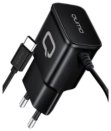 Сетевое зарядное устройство Qumo Energy (Charger 0025) 2.1 A, встроенный кабель USB-C, черный