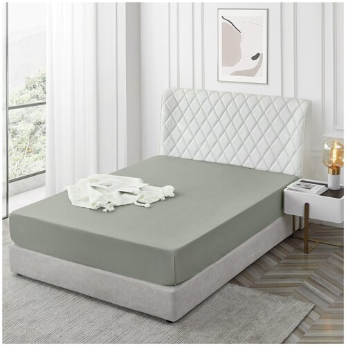 Простыня на резинке из сатина ROS-005 серо-зеленый Elintale (серо-зеленый), Простыня на резинке 180x200 (+30 см бортик)