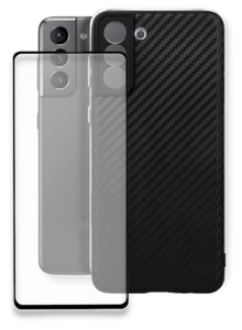 Комплект 2 в 1: Защитный противоударный чехол Carbon (карбон) №07 + полноэкранное стекло для Samsung Galaxy S21 FE