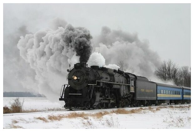 Постер на холсте Зимний пейзаж с поездом (Winter landscape with a train) 45см. x 30см.