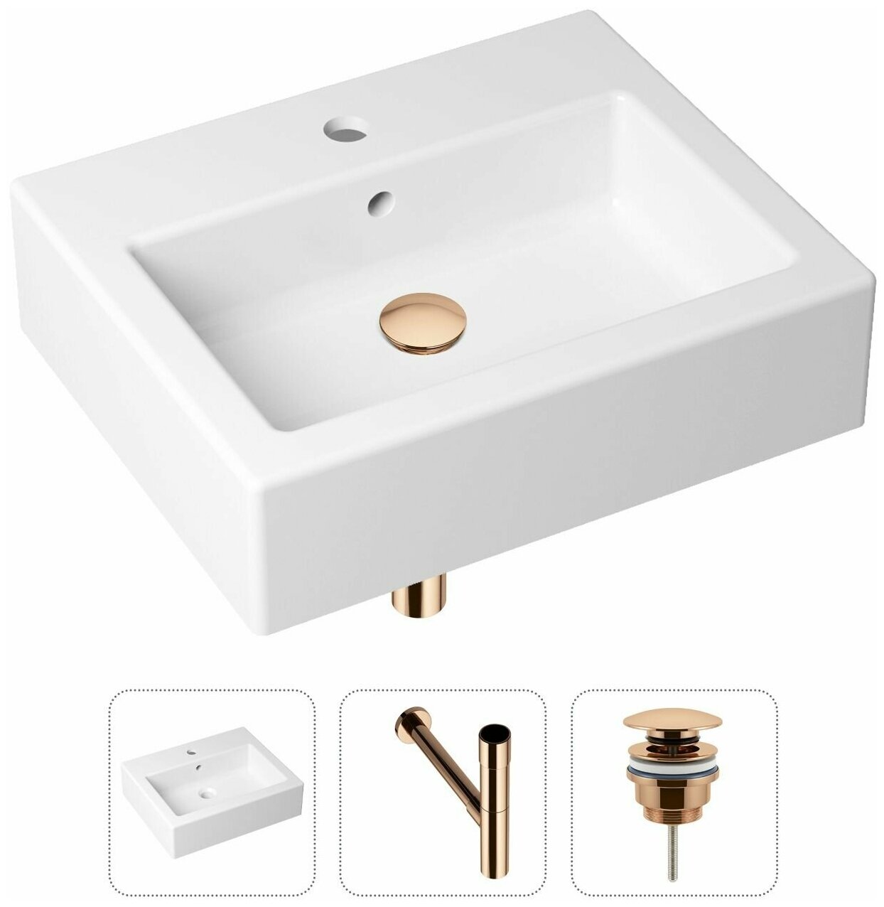 Накладная раковина в ванную Lavinia Boho Bathroom Sink 21520681 в комплекте 3 в 1: умывальник белый, донный клапан и сифон в цвете розовое золото