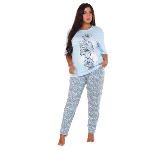 фото Пижама женская (футболка, брюки), цвет голубой, размер 62 нет бренда