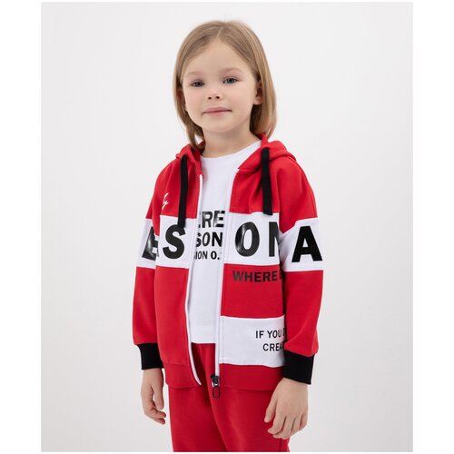 фото Толстовка капюшоном в стиле колорблок с шрифтовыми принтами красная gulliver, цвет красный, размер 98