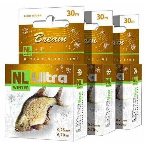 фото Леска зимняя aqua nl ultra bream (лещ) 30m 0,25mm, цвет - светло-коричневый, test - 6,70kg (набор 3 шт)