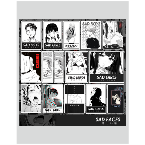 Наклейки-стикеры Грустное Аниме /Sad faces 15 шт