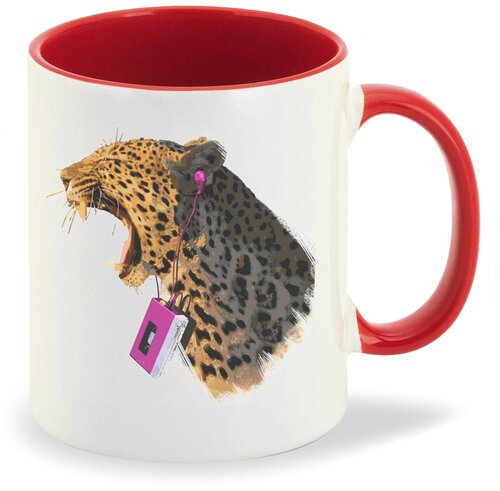 Кружка красная CoolPodarok Животные Леопард с розовым плеером