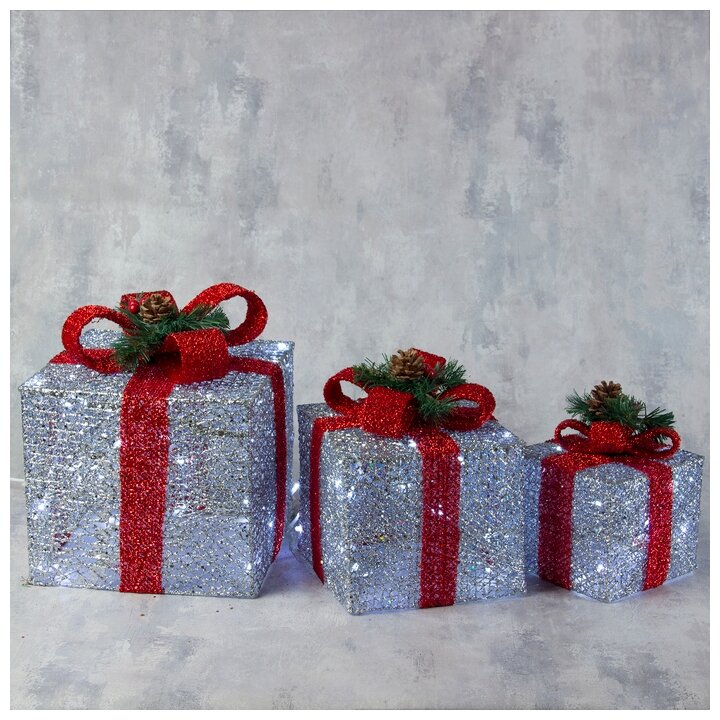Светодиодная фигура "Подарки с красной лентой" 15, 20, 25 см, текстиль, металл, 220 В, свечение белое