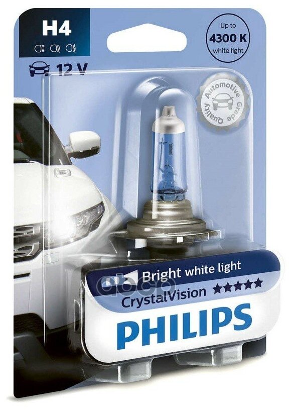 Лампа H4 12v- 60/55w (P43t) (Белый Яркий Свет) Crystal Vision Блистер (1шт.) Philips арт. 12342CVB1