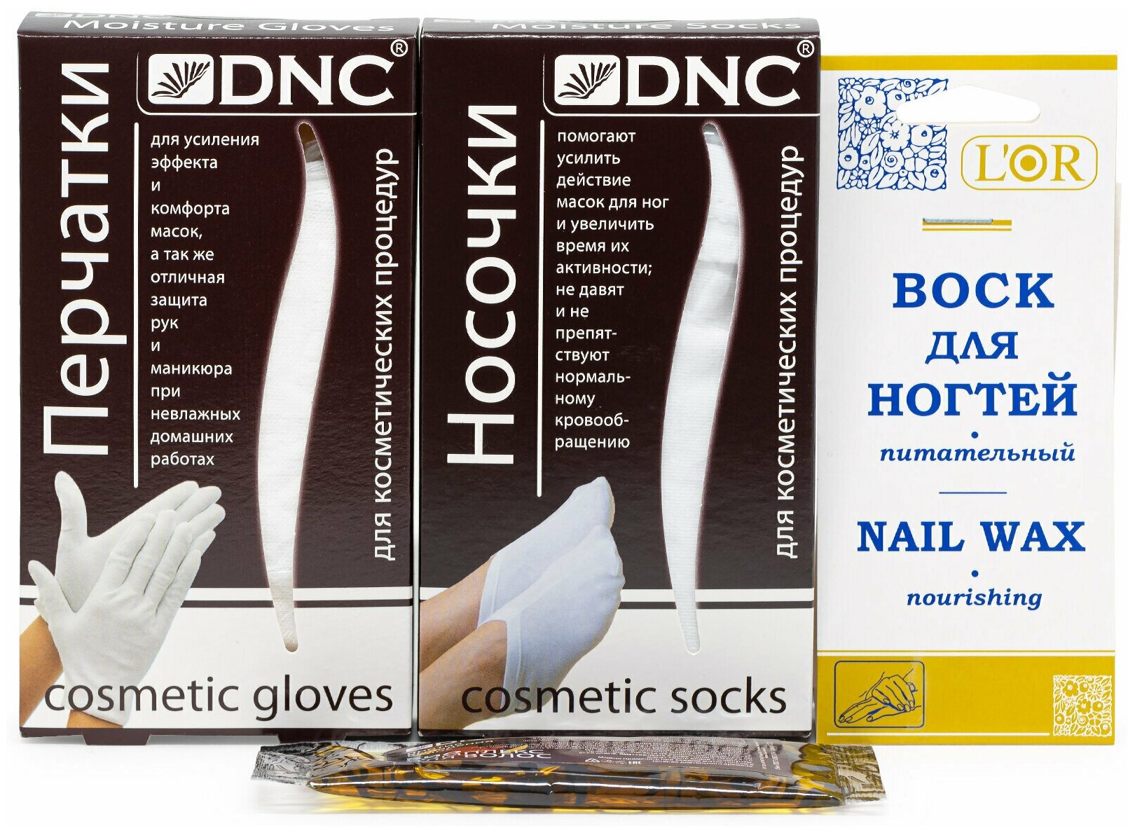 Набор: DNC Перчатки, Носочки, L'Or Воск для ногтей питательный 5 мл и подарок Масло для волос 15 мл