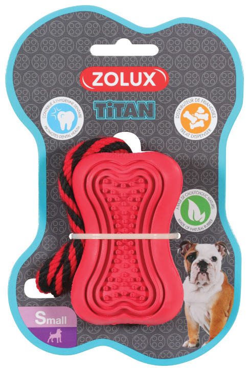 Игрушка для собак Zolux кость-кормушка с веревкой, серия Титан, красная, 8 см - фотография № 1