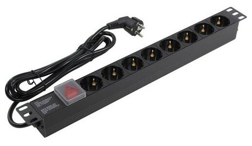 Блок розеток горизонтальный ExeGate ServerPro PDU-19H804 Al-8S-EU2.5-SW, 19", 1U, Алюминий, 8 Schuko, кабель с евровилкой VDE-250V-16A-3*1.5mm2, 2.5 метра, выкл. с подсветкой, черный