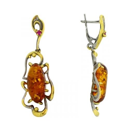 Серьги Янтарная волна, серебро, 925 проба, фианит, янтарь, коричневый
